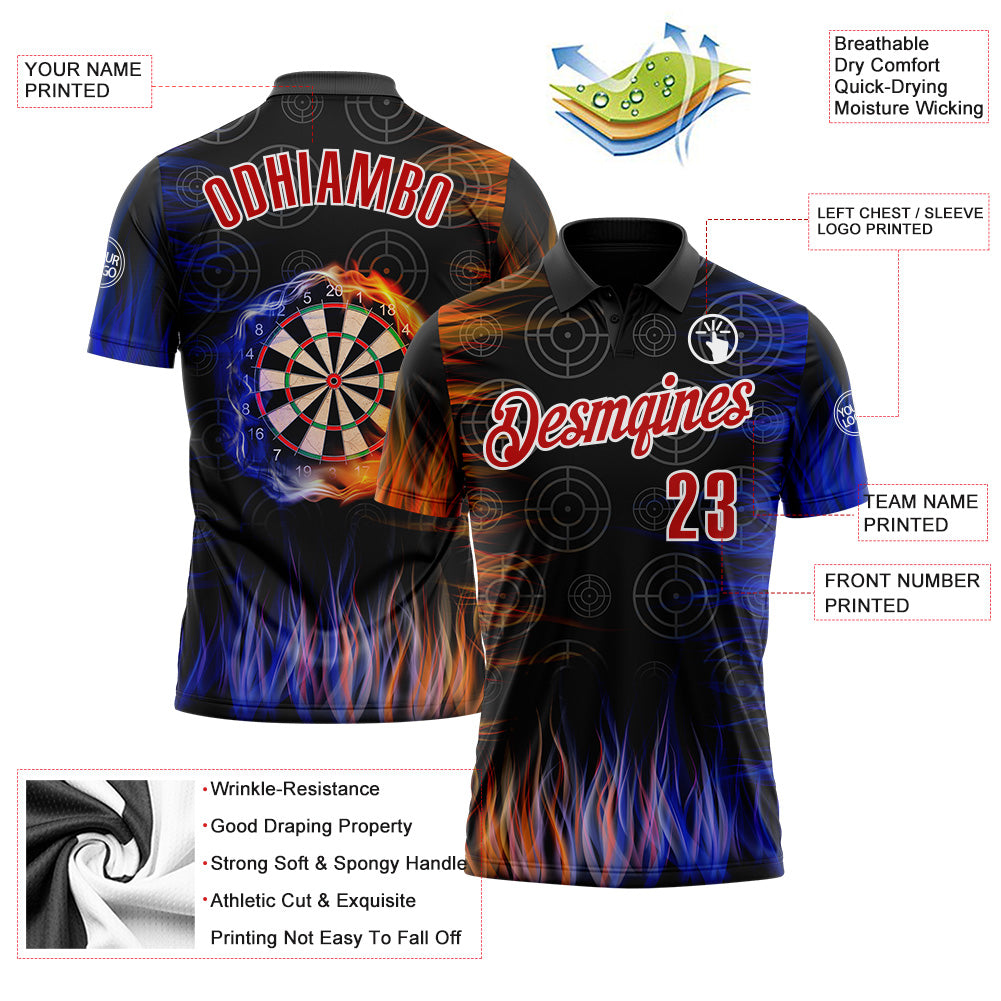 Custom Black Red-White Darts Flame Dartboard Performance Polo Shirt