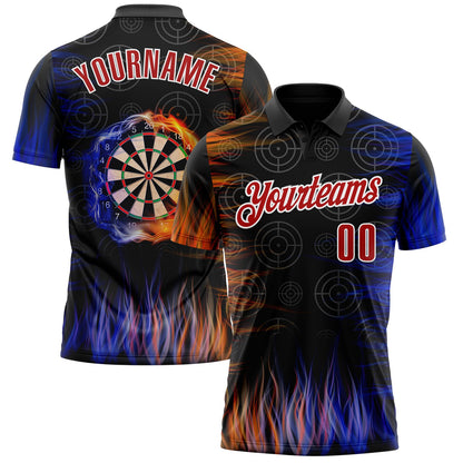 Custom Black Red-White Darts Flame Dartboard Performance Polo Shirt