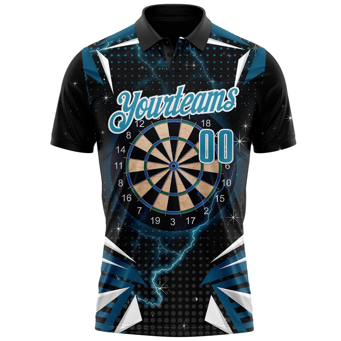 Custom Black Panther Blue-White Darts Lightning Dartboard Performance Polo Shirt