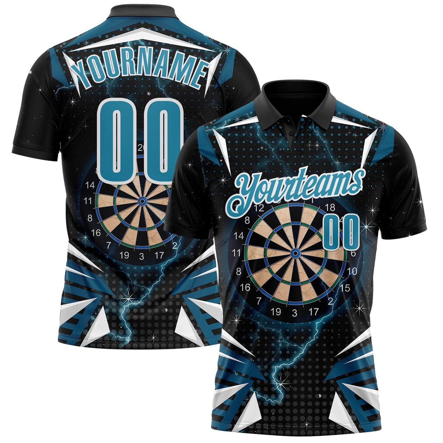 Custom Black Panther Blue-White Darts Lightning Dartboard Performance Polo Shirt