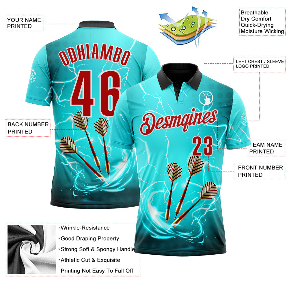 Custom Ice Blue Red-White Darts Lightning Dartboard Performance Polo Shirt