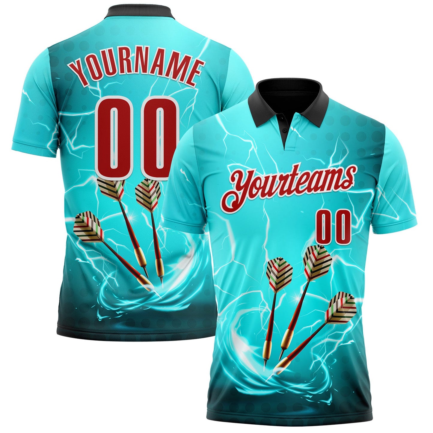 Custom Ice Blue Red-White Darts Lightning Dartboard Performance Polo Shirt