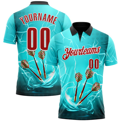 Custom Ice Blue Red-White Darts Lightning Dartboard Performance Polo Shirt