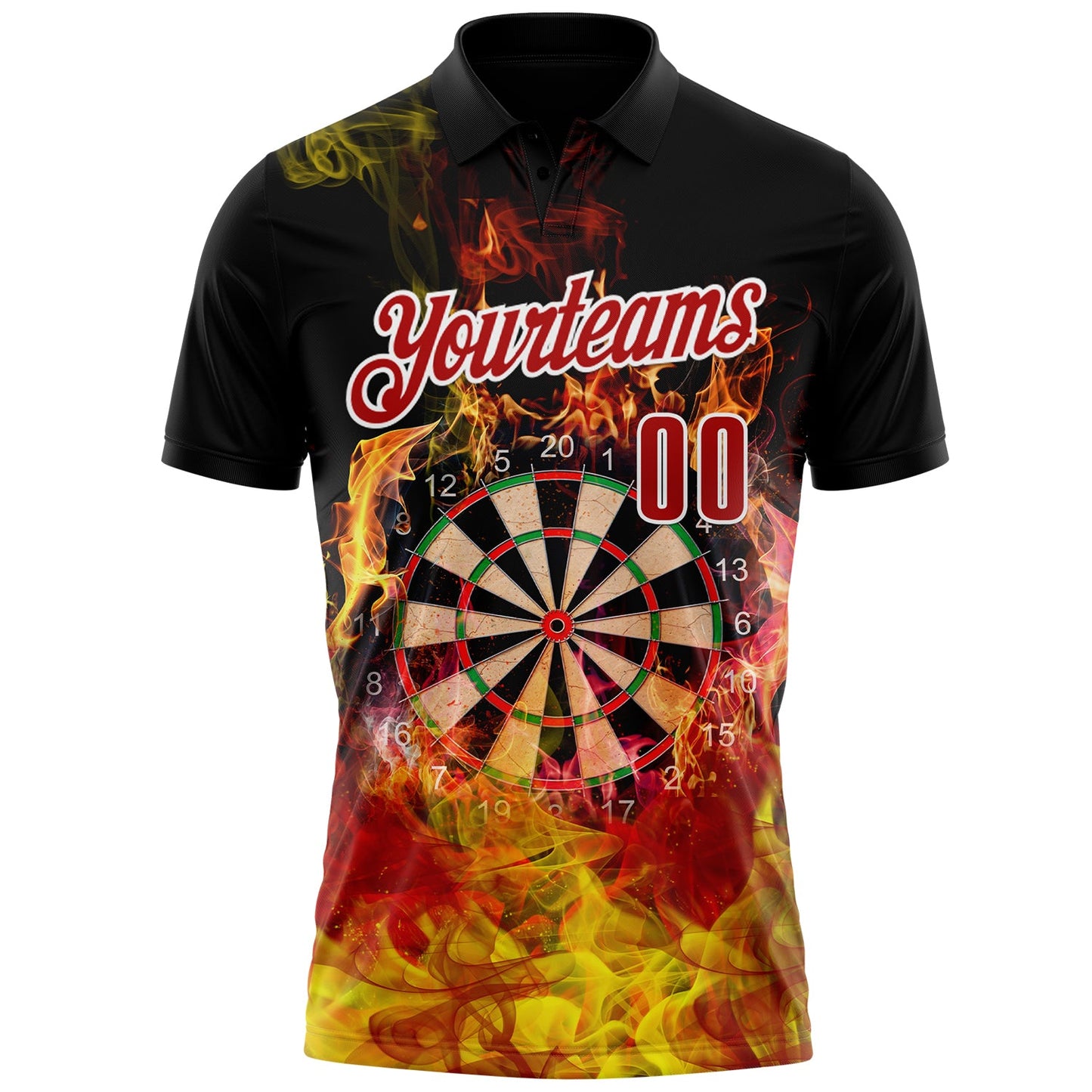 Custom Black Red-White Darts Flame Dartboard Performance Polo Shirt