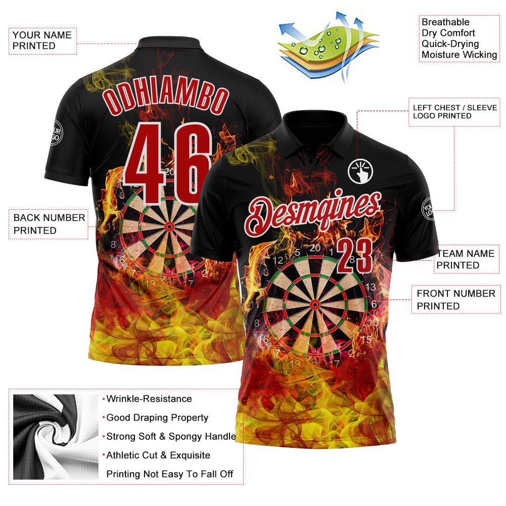 Custom Black Red-White Darts Flame Dartboard Performance Polo Shirt
