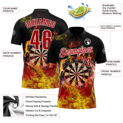 Custom Black Red-White Darts Flame Dartboard Performance Polo Shirt