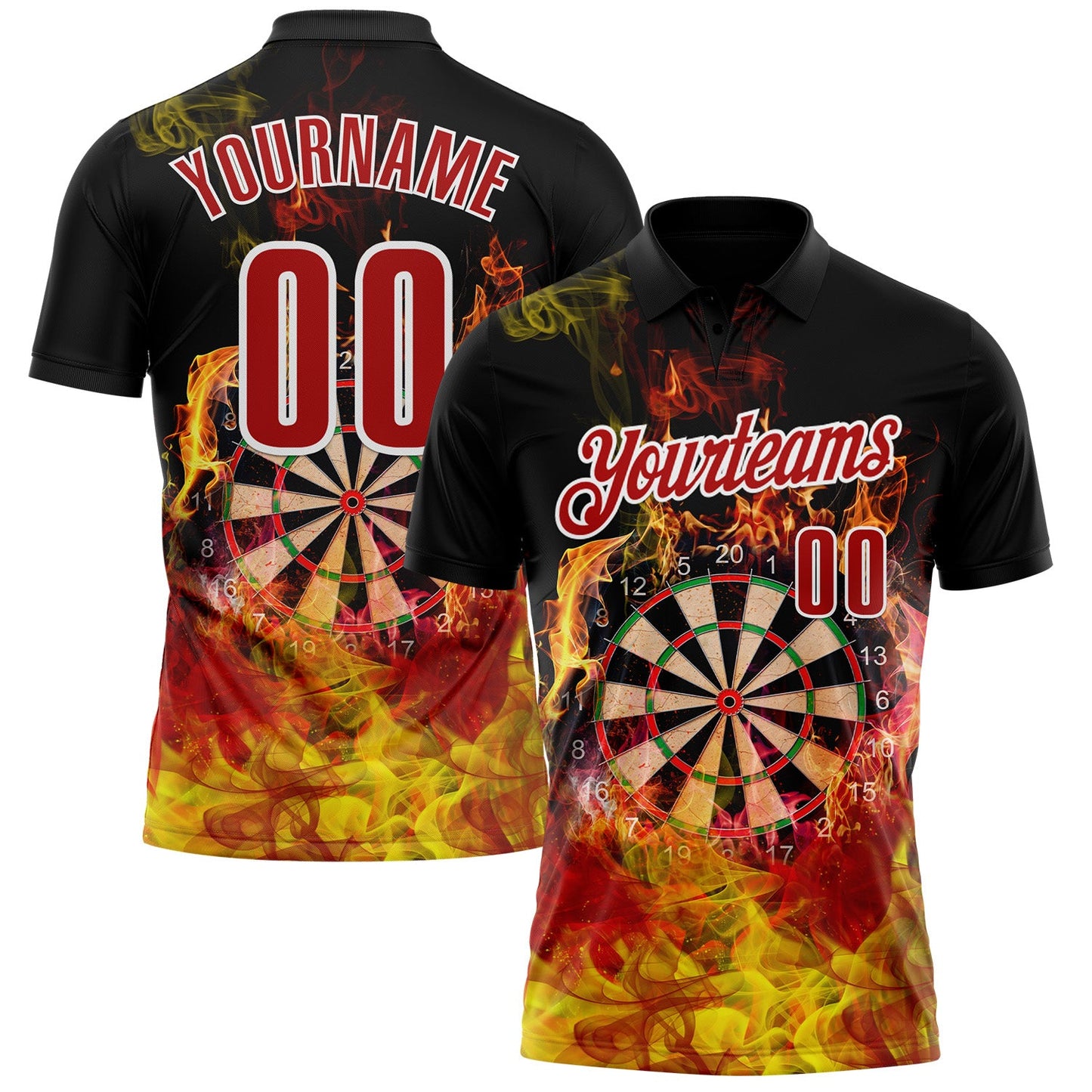 Custom Black Red-White Darts Flame Dartboard Performance Polo Shirt