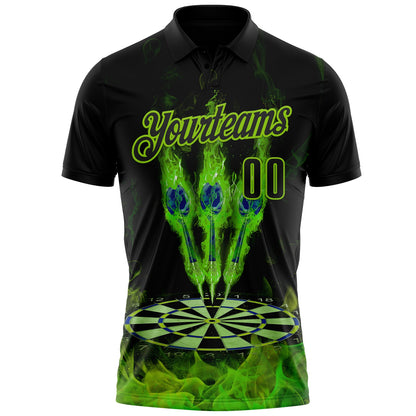 Custom Black-Neon Green Darts Flame Dartboard Performance Polo Shirt