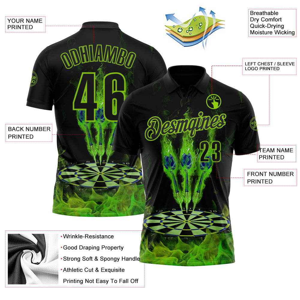 Custom Black-Neon Green Darts Flame Dartboard Performance Polo Shirt
