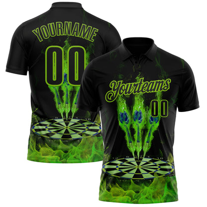 Custom Black-Neon Green Darts Flame Dartboard Performance Polo Shirt