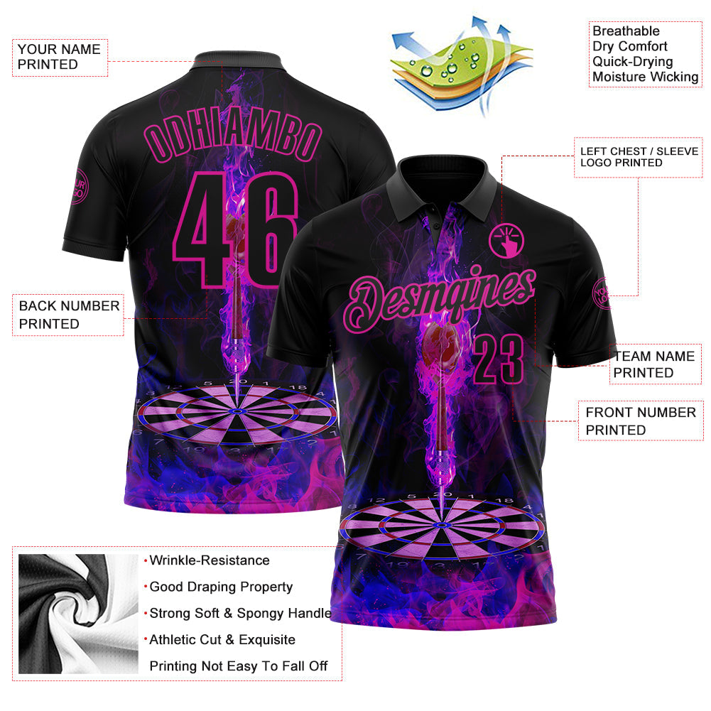 Custom Black-Deep Pink Darts Flame Dartboard Performance Polo Shirt