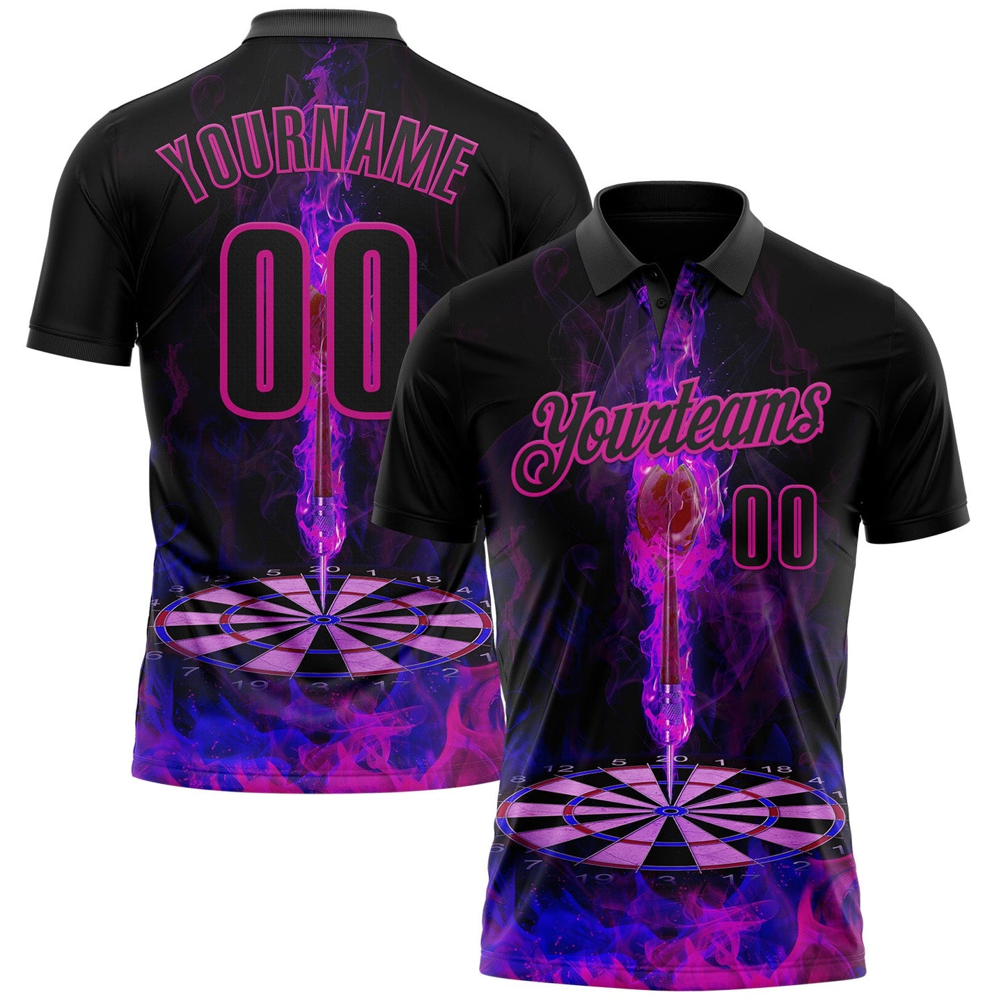 Custom Black-Deep Pink Darts Flame Dartboard Performance Polo Shirt