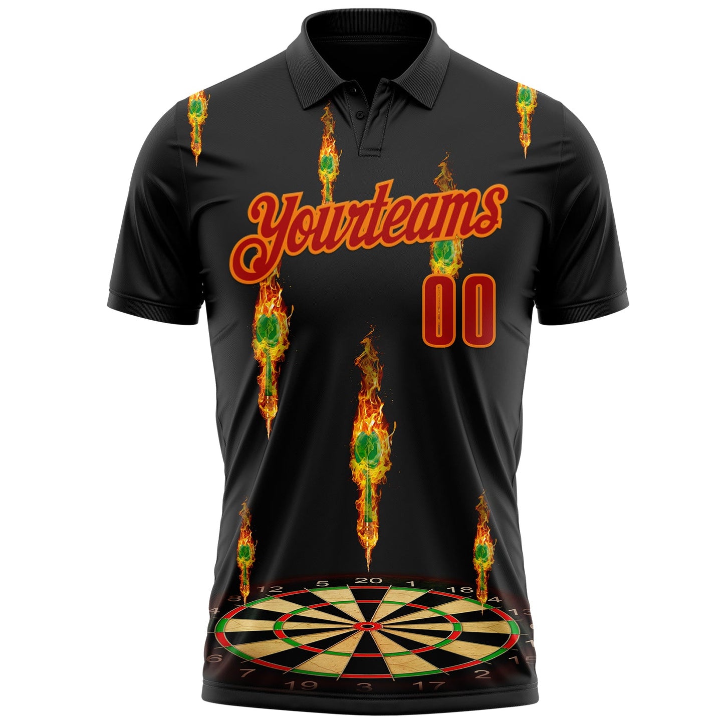 Custom Black Red-Bay Orange Darts Flame Dartboard Performance Polo Shirt