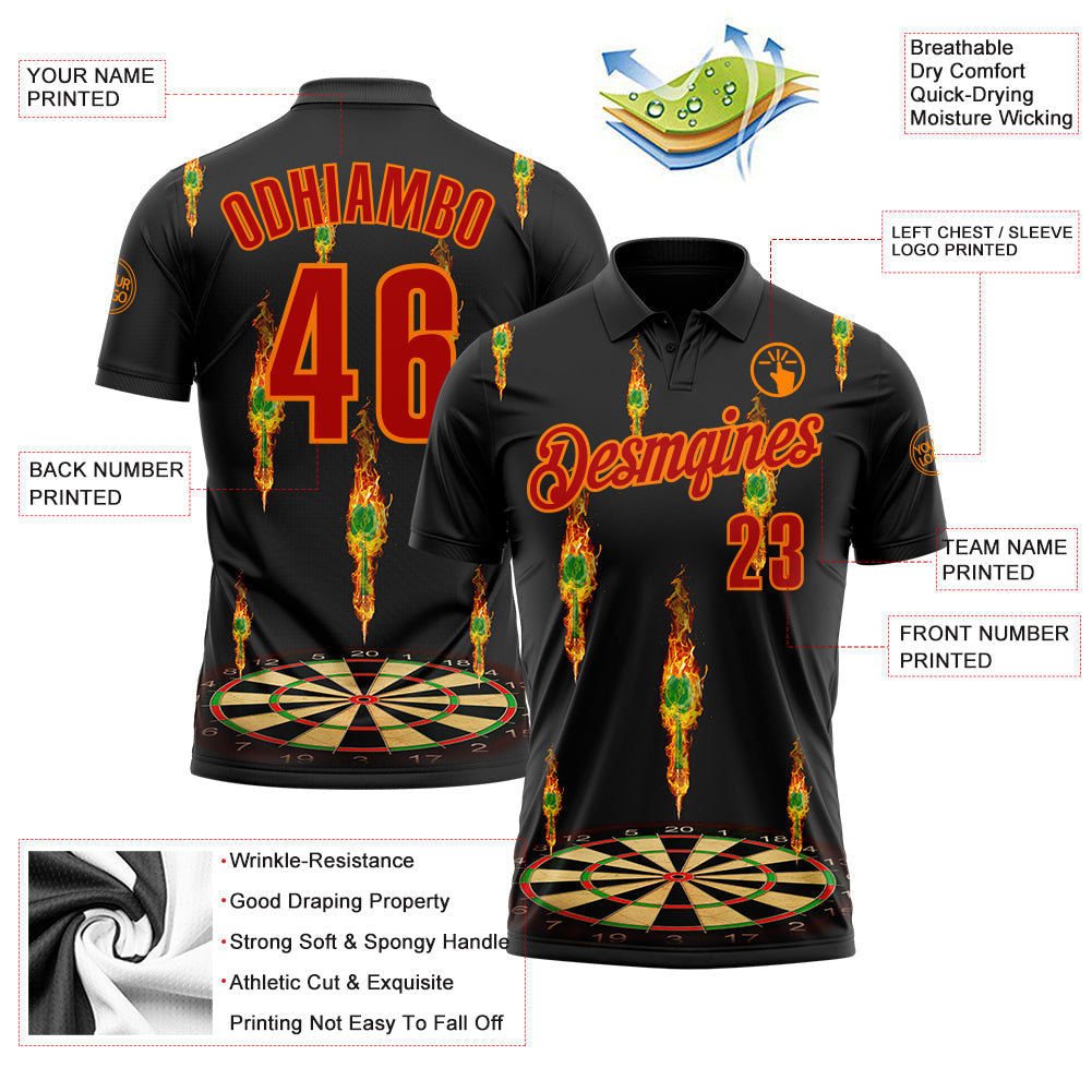 Custom Black Red-Bay Orange Darts Flame Dartboard Performance Polo Shirt