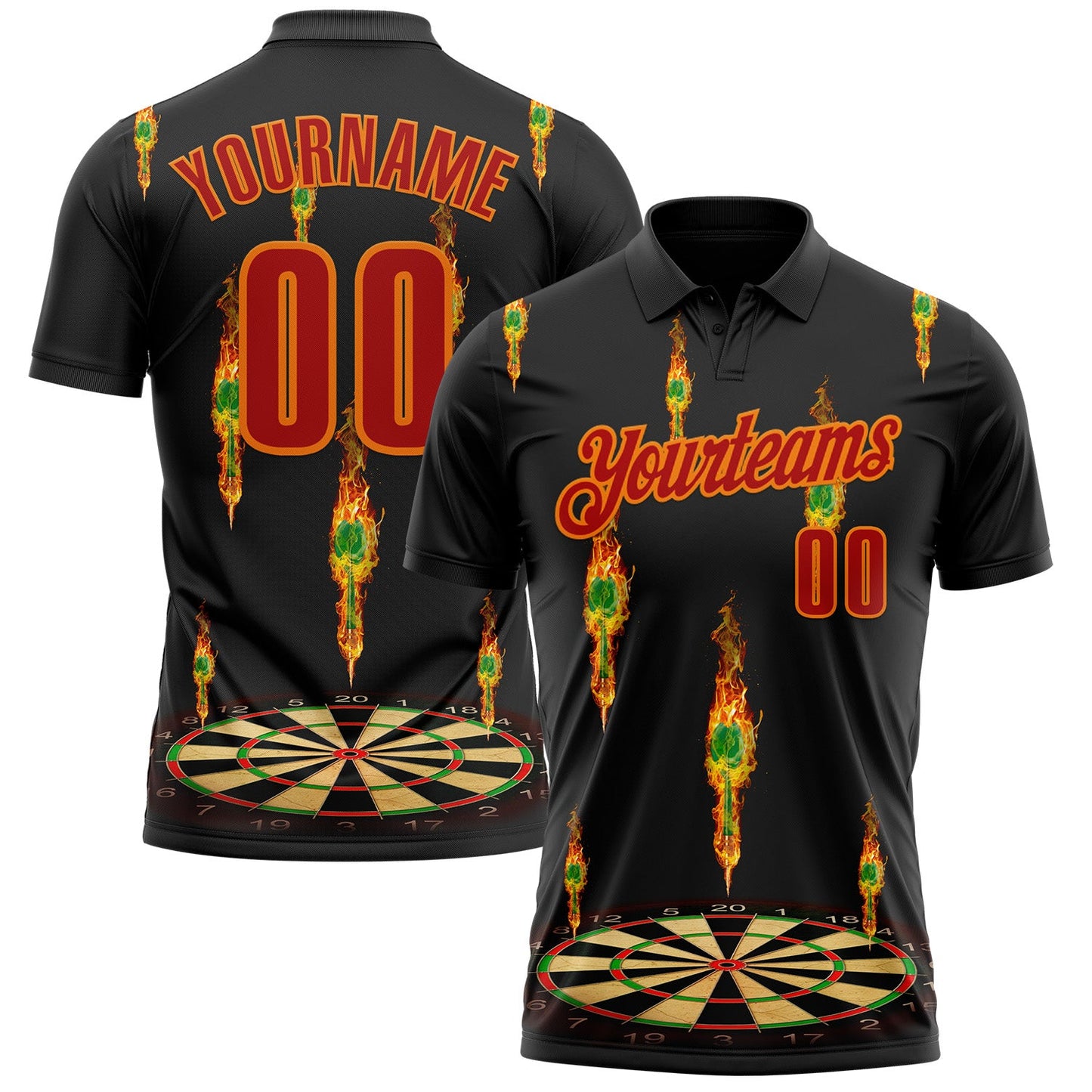 Custom Black Red-Bay Orange Darts Flame Dartboard Performance Polo Shirt