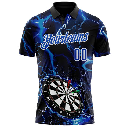 Custom Black Thunder Blue-White Darts Lightning Dartboard Performance Polo Shirt