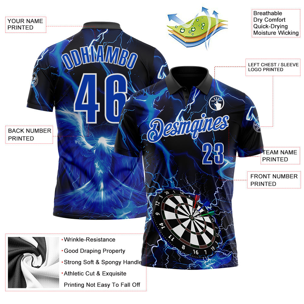 Custom Black Thunder Blue-White Darts Lightning Dartboard Performance Polo Shirt