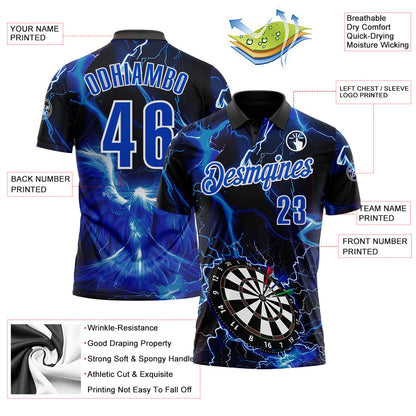 Custom Black Thunder Blue-White Darts Lightning Dartboard Performance Polo Shirt