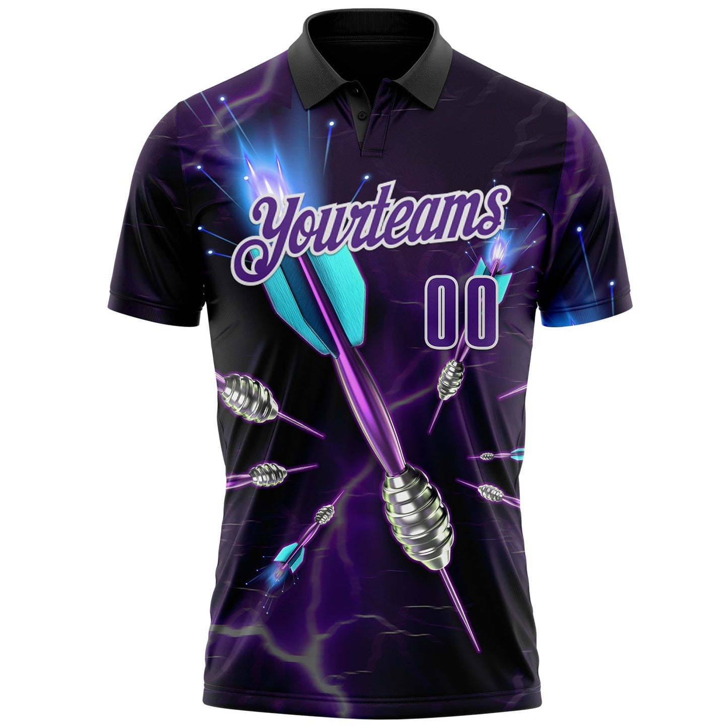 Custom Black Purple-White Darts Lightning Dartboard Performance Polo Shirt