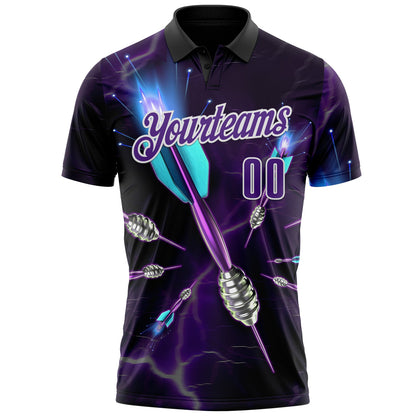 Custom Black Purple-White Darts Lightning Dartboard Performance Polo Shirt
