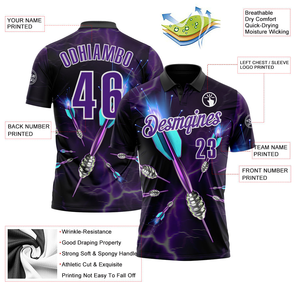 Custom Black Purple-White Darts Lightning Dartboard Performance Polo Shirt