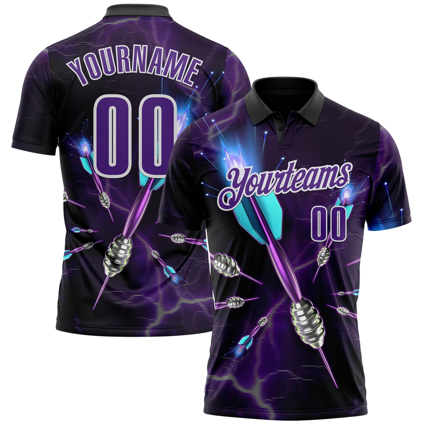 Custom Black Purple-White Darts Lightning Dartboard Performance Polo Shirt