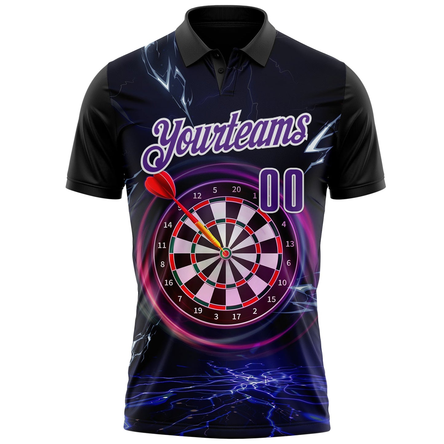 Custom Black Purple-White Darts Lightning Dartboard Performance Polo Shirt