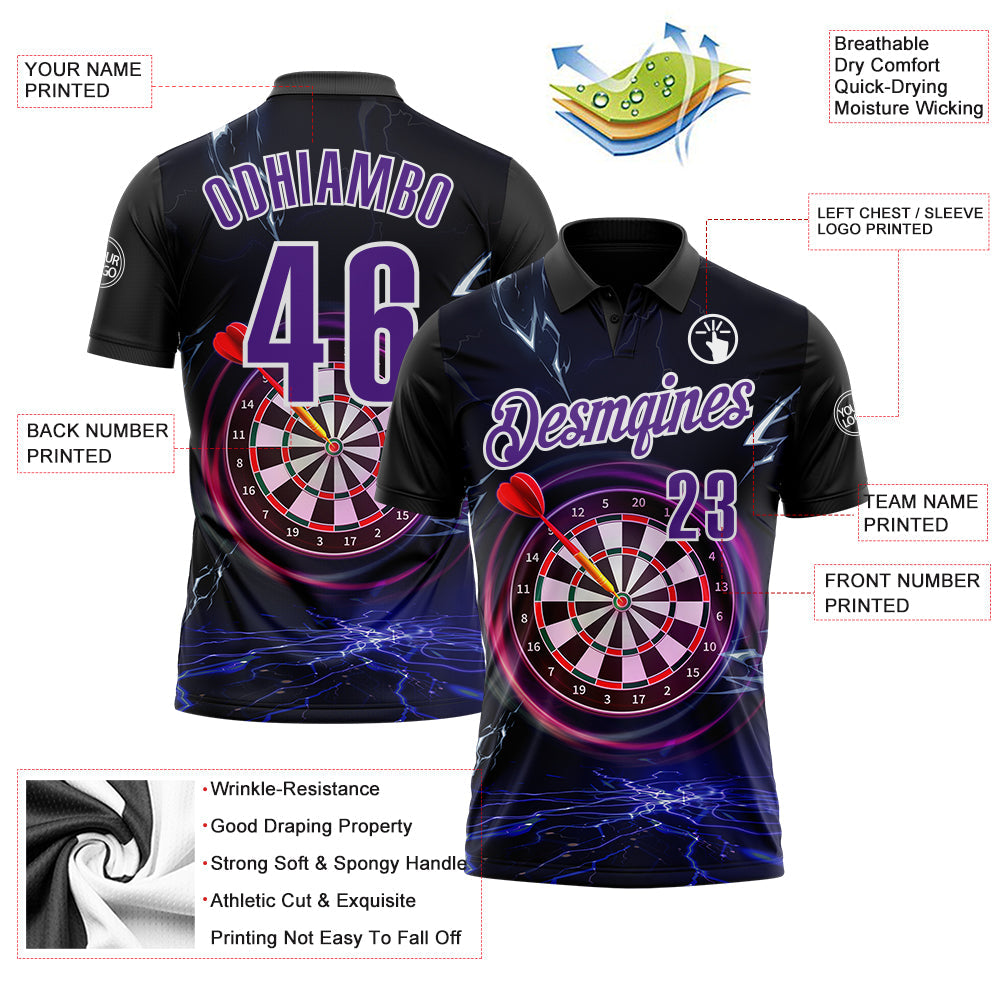 Custom Black Purple-White Darts Lightning Dartboard Performance Polo Shirt