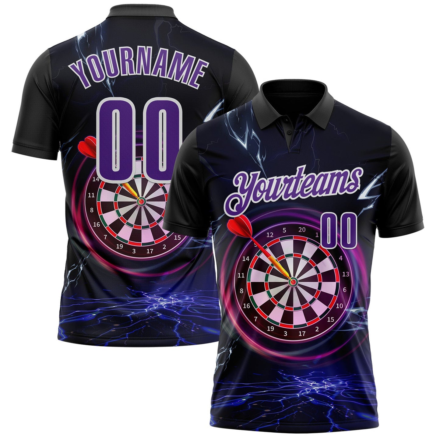Custom Black Purple-White Darts Lightning Dartboard Performance Polo Shirt