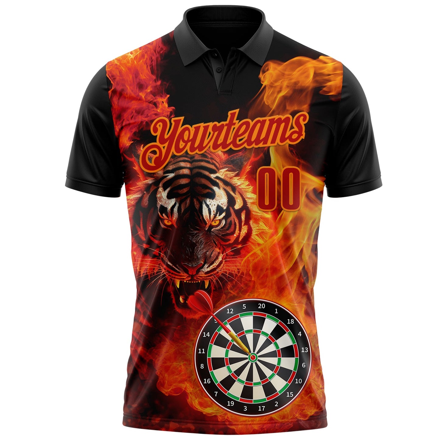 Custom Black Red-Bay Orange Darts Flame Tiger Dartboard Performance Polo Shirt