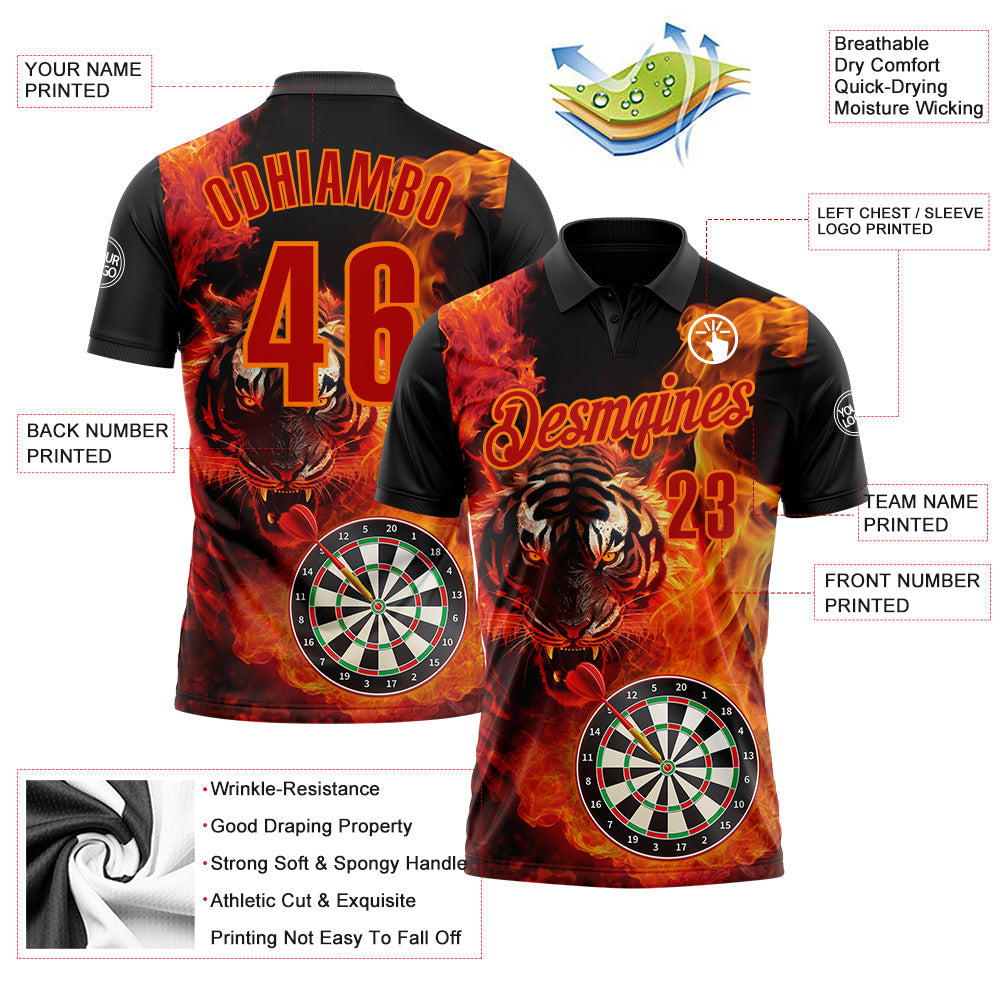 Custom Black Red-Bay Orange Darts Flame Tiger Dartboard Performance Polo Shirt