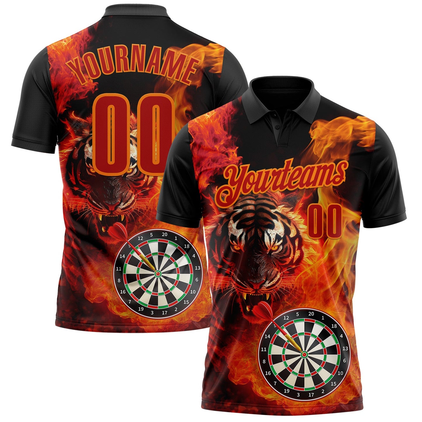 Custom Black Red-Bay Orange Darts Flame Tiger Dartboard Performance Polo Shirt