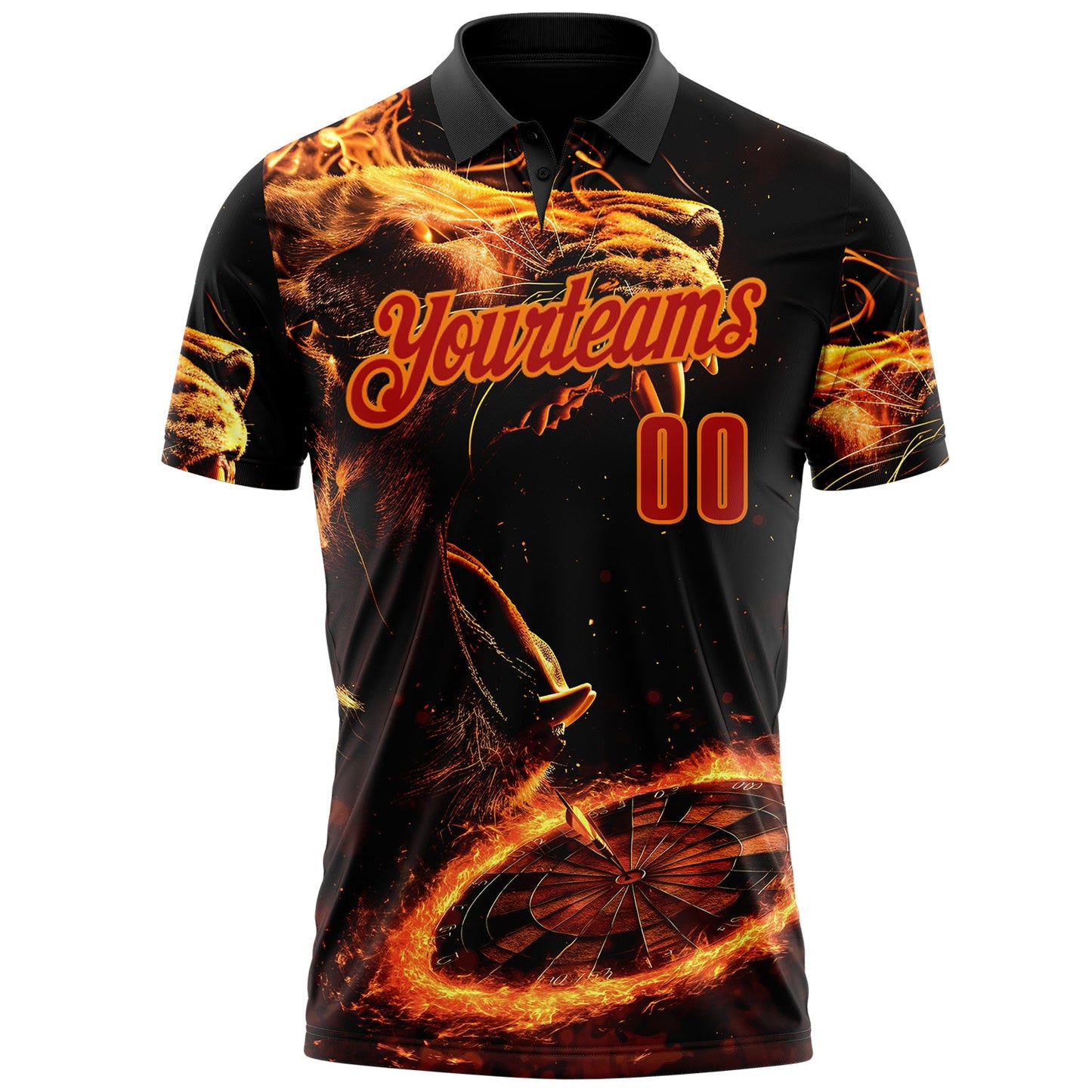 Custom Black Red-Bay Orange Darts Flame Lion Dartboard Performance Polo Shirt