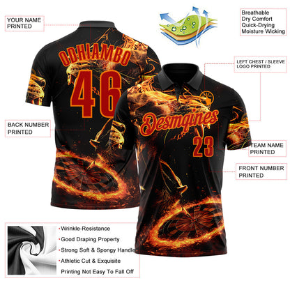 Custom Black Red-Bay Orange Darts Flame Lion Dartboard Performance Polo Shirt