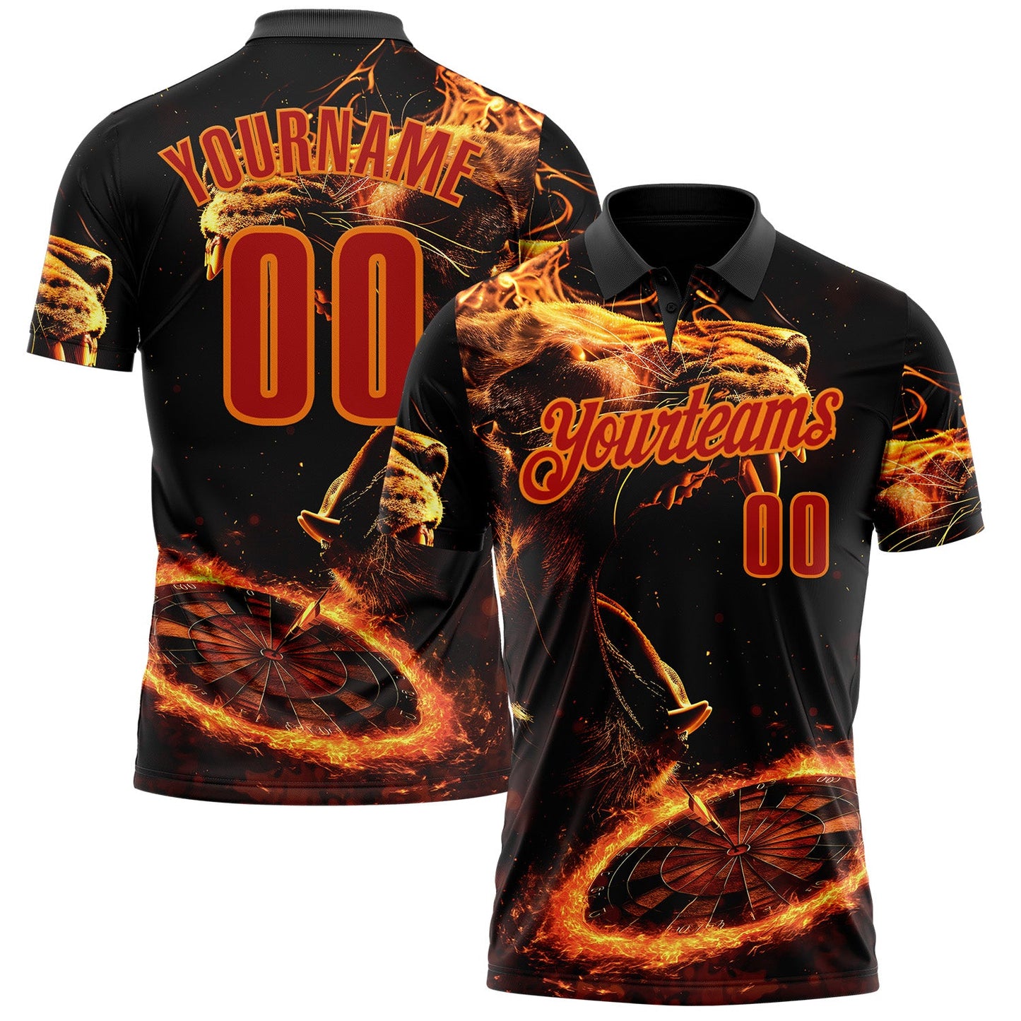 Custom Black Red-Bay Orange Darts Flame Lion Dartboard Performance Polo Shirt