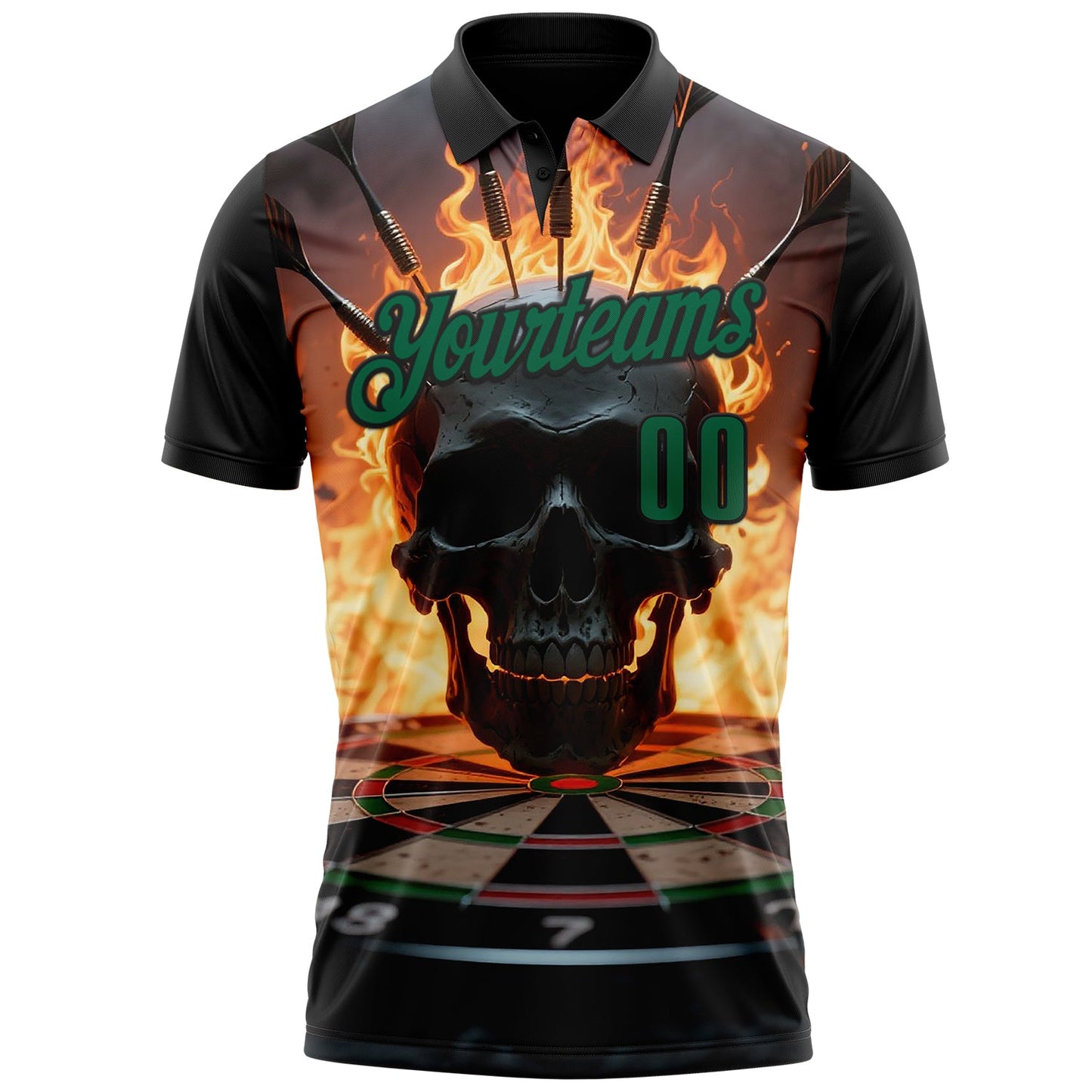 Custom Black-Kelly Green Darts Flame Skull Dartboard Performance Polo Shirt