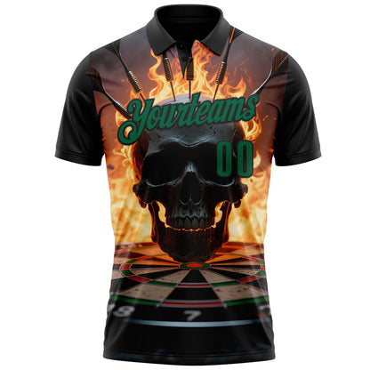 Custom Black-Kelly Green Darts Flame Skull Dartboard Performance Polo Shirt