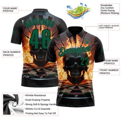Custom Black-Kelly Green Darts Flame Skull Dartboard Performance Polo Shirt