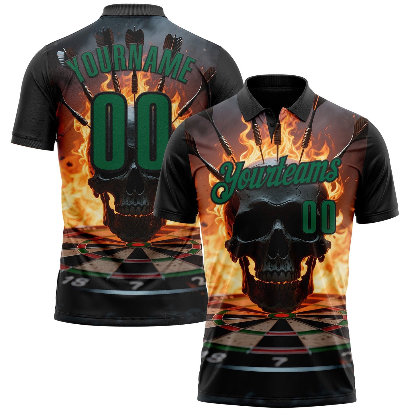 Custom Black-Kelly Green Darts Flame Skull Dartboard Performance Polo Shirt