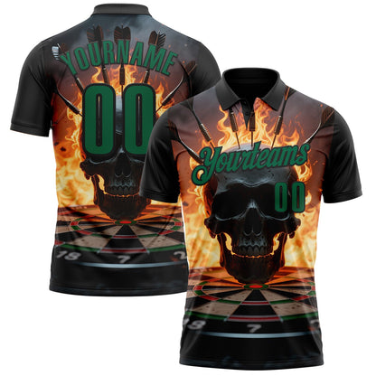 Custom Black-Kelly Green Darts Flame Skull Dartboard Performance Polo Shirt