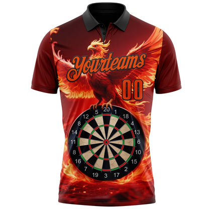 Custom Black-Orange Darts Flame Phoenix Dartboard Performance Polo Shirt