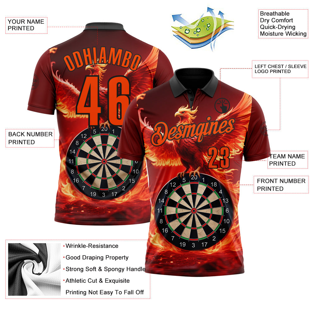 Custom Black-Orange Darts Flame Phoenix Dartboard Performance Polo Shirt