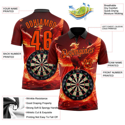 Custom Black-Orange Darts Flame Phoenix Dartboard Performance Polo Shirt