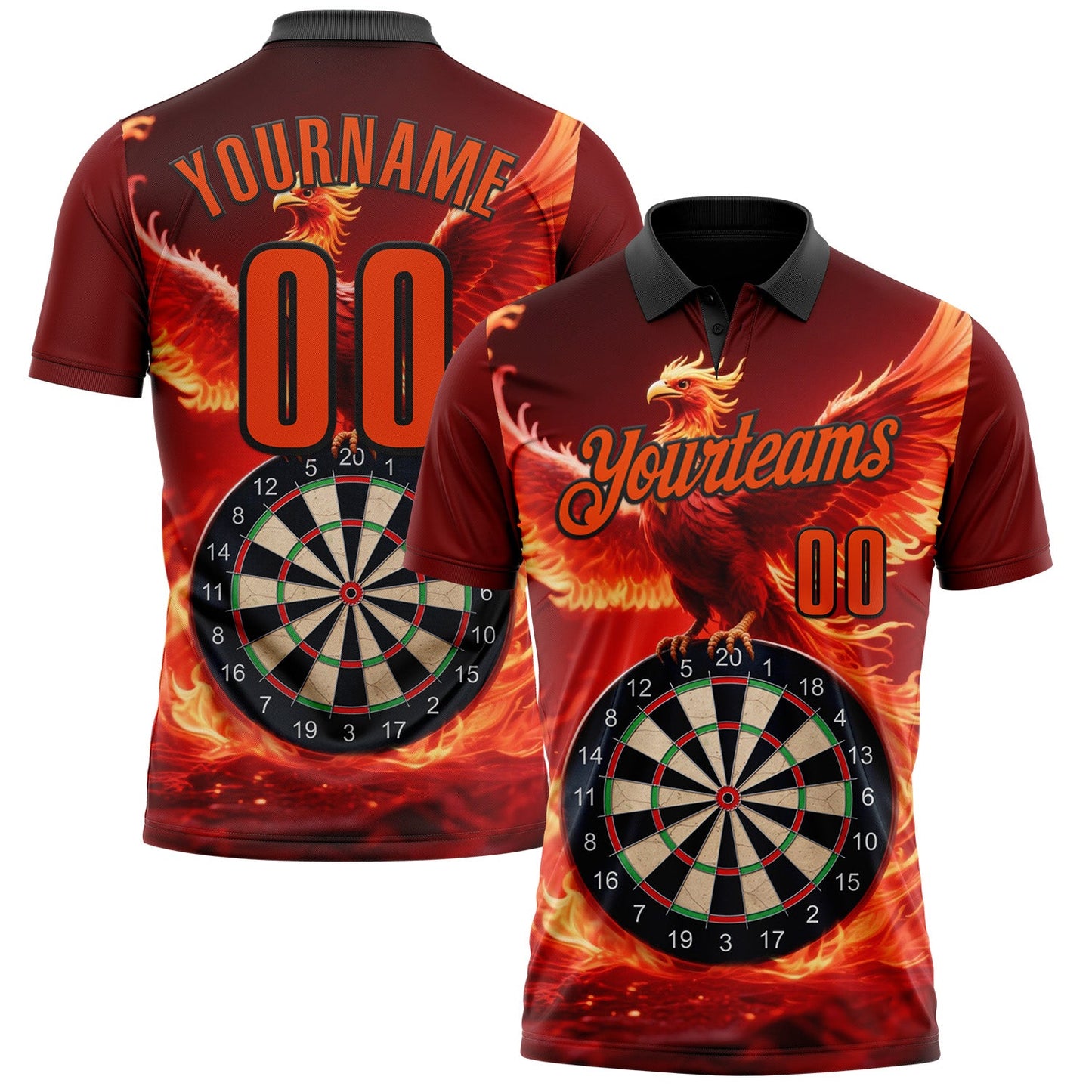 Custom Black-Orange Darts Flame Phoenix Dartboard Performance Polo Shirt