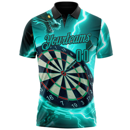 Custom Black-Aqua Darts Lightning Dragon Dartboard Performance Polo Shirt