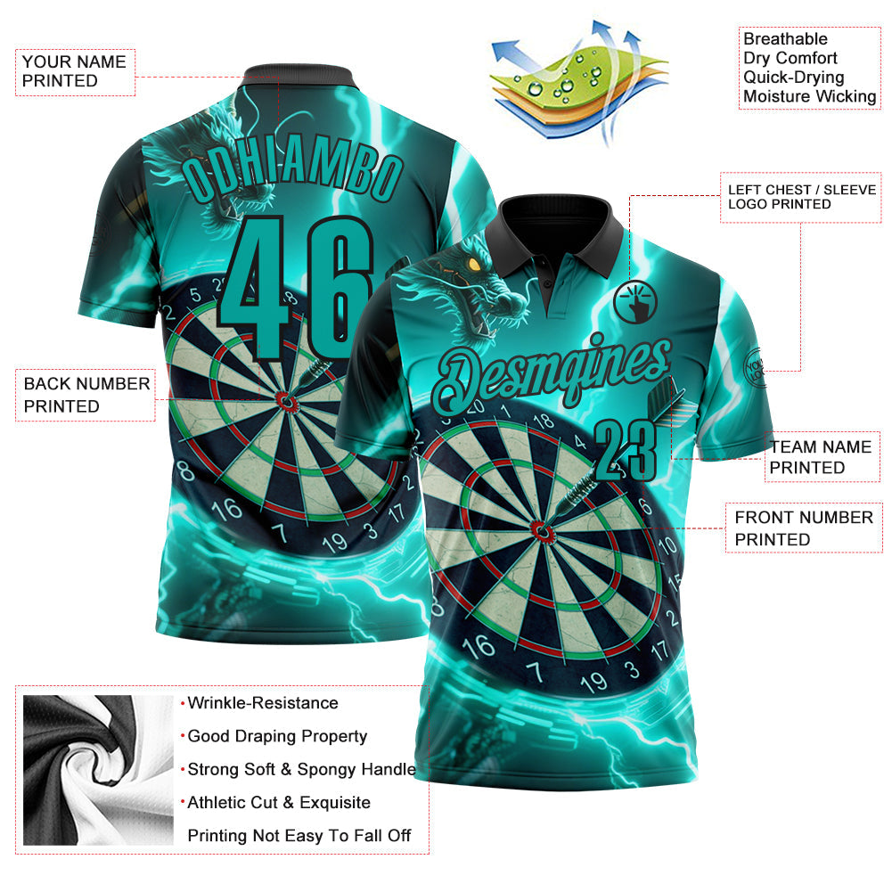 Custom Black-Aqua Darts Lightning Dragon Dartboard Performance Polo Shirt