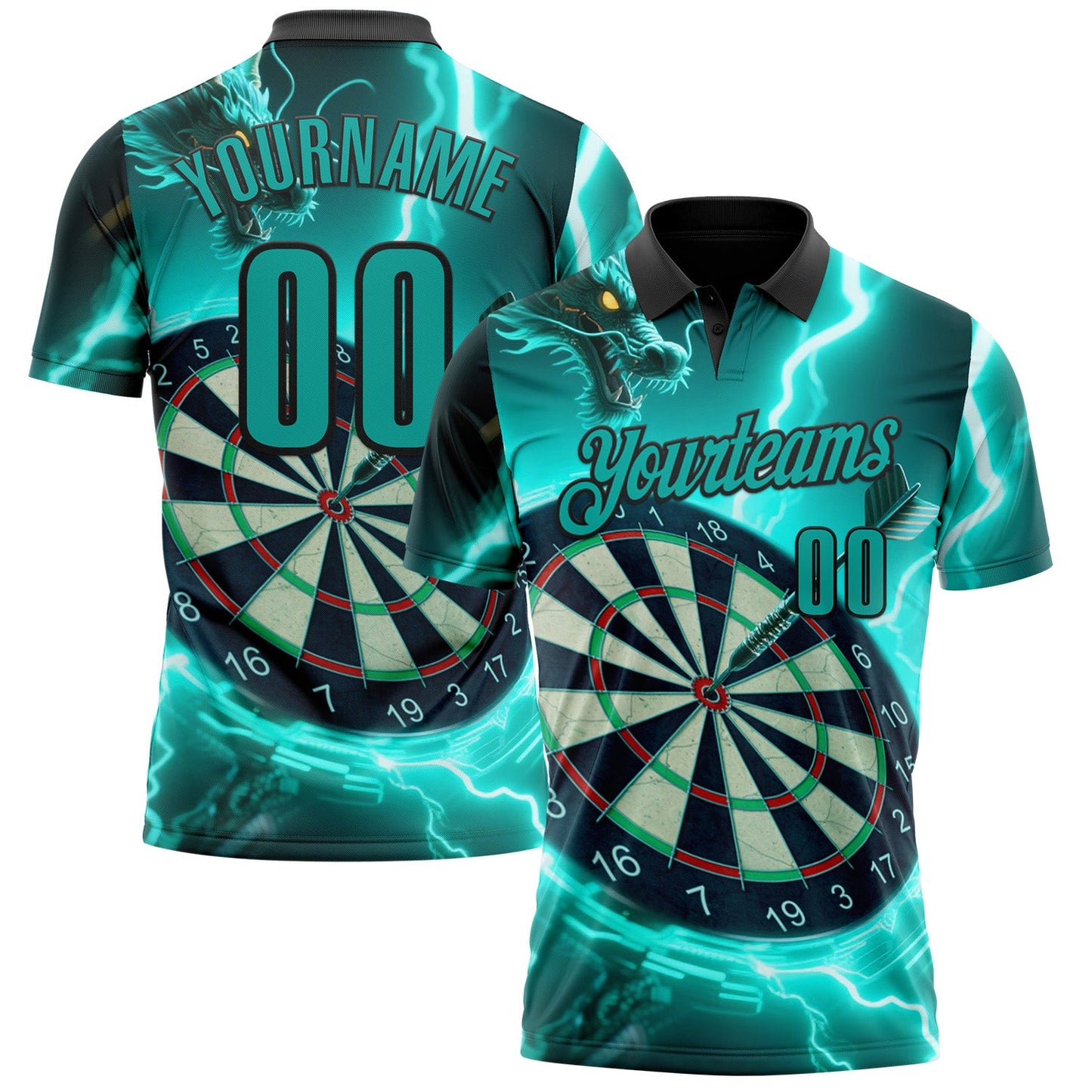 Custom Black-Aqua Darts Lightning Dragon Dartboard Performance Polo Shirt