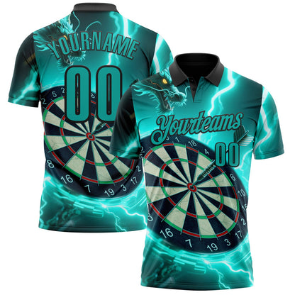Custom Black-Aqua Darts Lightning Dragon Dartboard Performance Polo Shirt