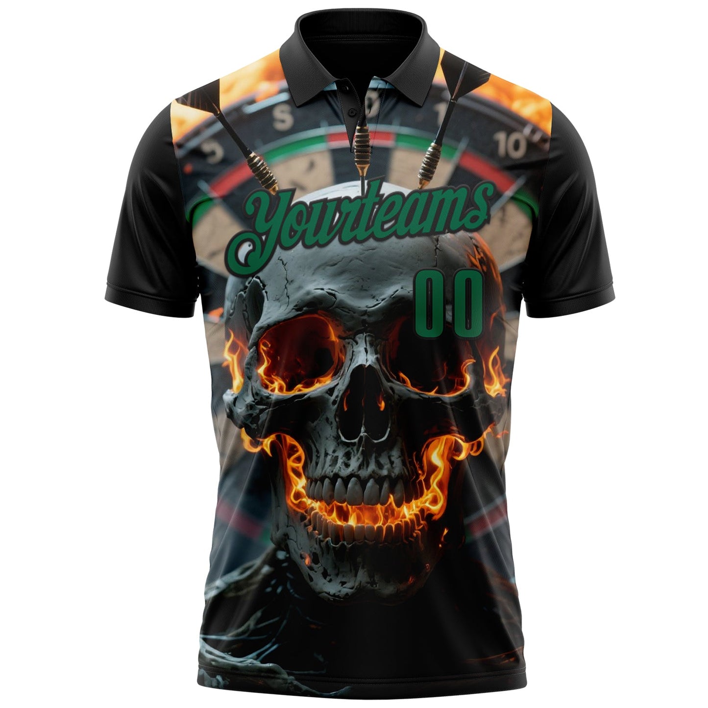 Custom Black-Kelly Green Darts Flame Skull Dartboard Performance Polo Shirt