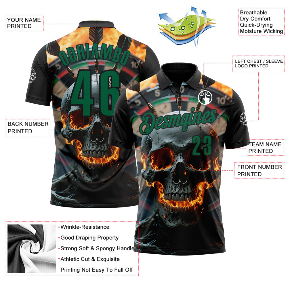 Custom Black-Kelly Green Darts Flame Skull Dartboard Performance Polo Shirt